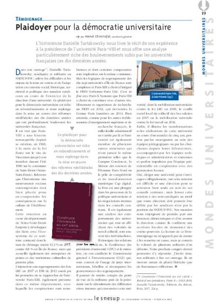 Témoignage : plaidoyer pour la démocratie universitaire/N° 656 JUIN 2017