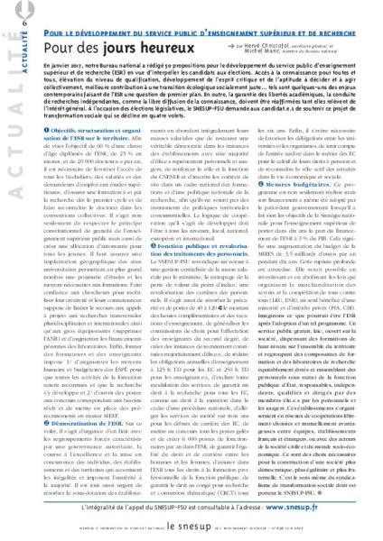 Pour le développement du service public d'enseignement supérieur et de recherche : pour des jours heureux/N° 656 JUIN 2017