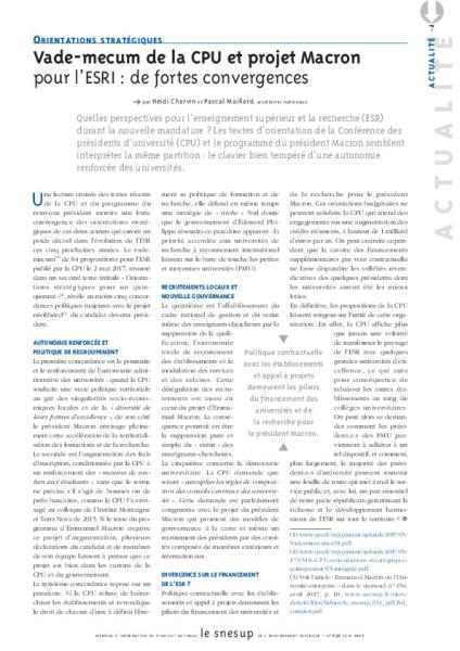 Vademecum de la CPU et projet Macron pour l'ESRI : de fortes convergences/N° 656 JUIN 2017