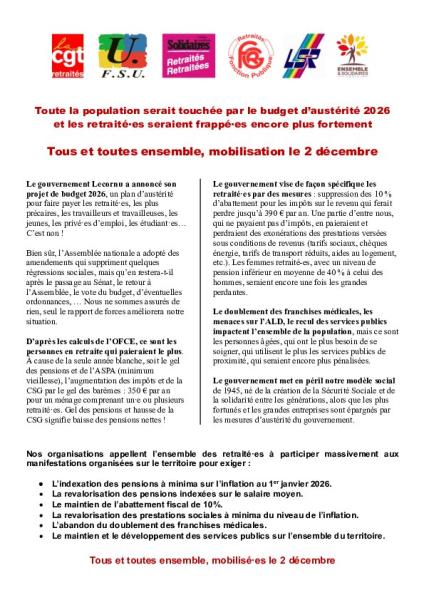 Tous et toutes ensemble, mobilisation le 2 décembre - Tract des organisations de retraité-es 