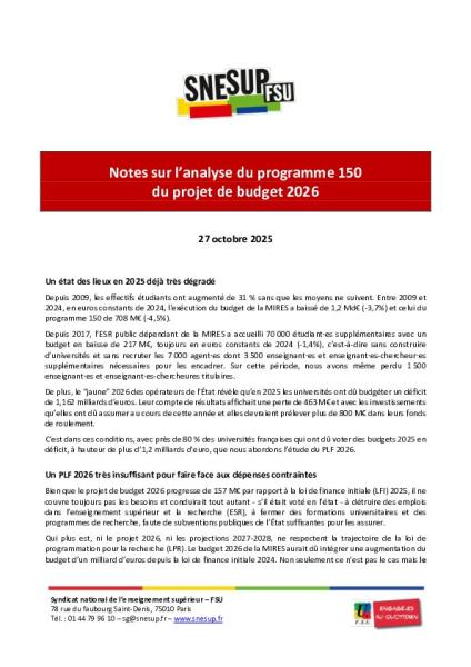Notes sur l’analyse du programme 150 du projet de budget 2026