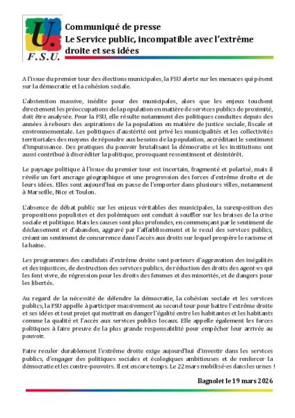Le Service public, incompatible avec l’extrême droite et ses idées - Communiqué FSU du 19 mars 2026