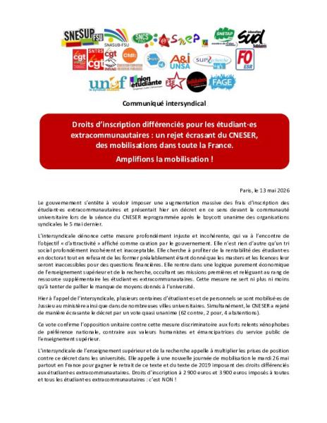 Droits d’inscription différenciés pour les étudiant·es extracommunautaires : un rejet écrasant du CNESER, des mobilisations dans toute la France. Amplifions la mobilisation!