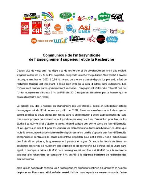 Communiqué de l'intersyndicale de l'ESR du 21 juillet 2026