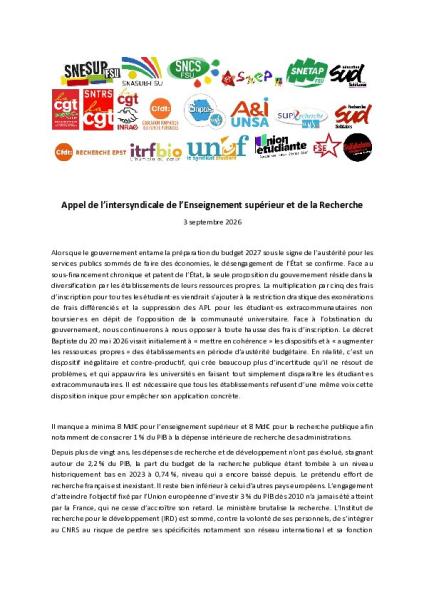 Appel de l’intersyndicale de l’Enseignement supérieur et de la Recherche du 3 septembre 2026