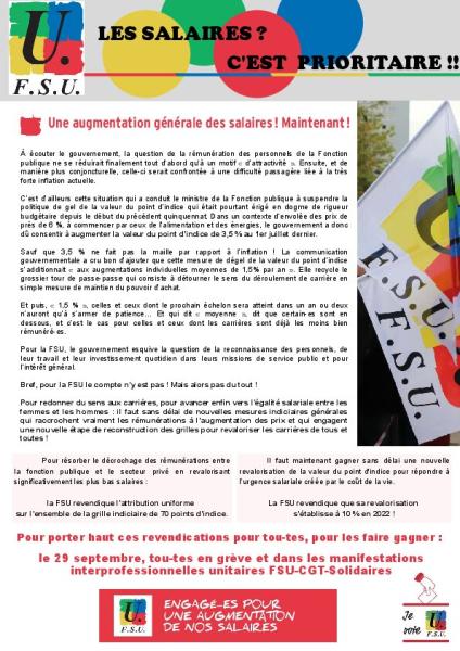 Les salaires ? C'est prioritaire !! - 4 pages FSU Septembre 2022