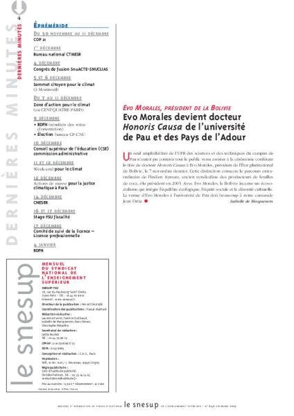 EVO MORALES, PRÉSIDENT DE LA BOLIVIE : Evo Morales devient docteur Honoris Causa de l’université de Pau et des Pays de l’Adour - Isabelle de Mecquenem - N° 640 DECEMBRE 2015