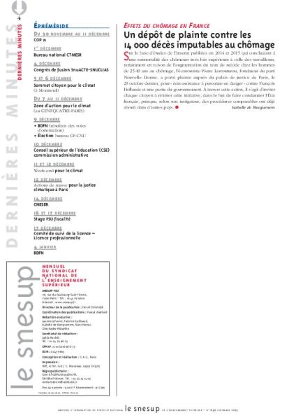 EFFETS DU CHÔMAGE EN FRANCE : Un dépôt de plainte contre les  14 000 décès imputables au chômage - Isabelle de Mecquenem - N° 640 DECEMBRE 2015