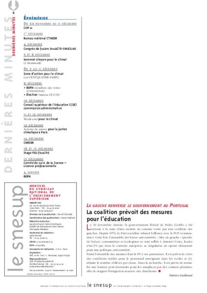 LA GAUCHE RENVERSE LE GOUVERNEMENT AU PORTUGAL : La coalition prévoit des mesures pour l’éducation - Fabrice Guilbaud - N° 640 DECEMBRE 2015