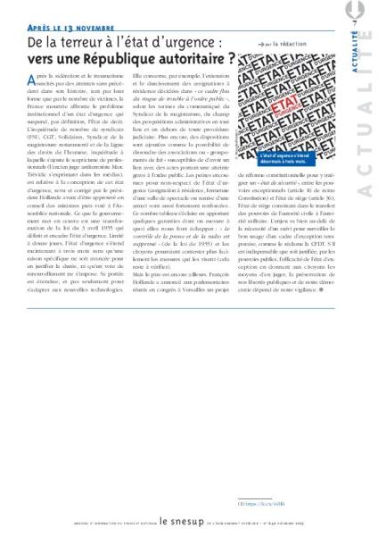 APRÈS LE 13 NOVEMBRE : De la terreur à l’état d’urgence : vers une République autoritaire ? - La rédaction - N° 640 DECEMBRE 2015