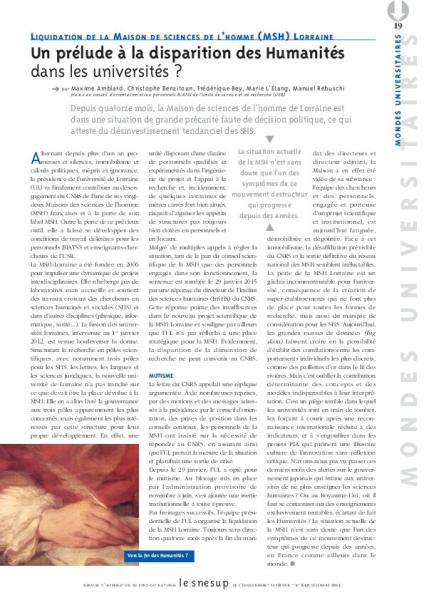 LIQUIDATION DE LA MAISON DE SCIENCES DE L’HOMME (MSH) LORRAINE : Un prélude à la disparition des Humanités dans les universités ? - Maxime Amblard, Christophe Benzitoun, Frédérique Bey, Marie L’Étang, Manuel Rebuschi - N° 640 DECEMBRE 2015