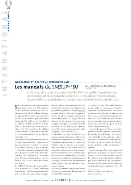 MIGRATION ET POLITIQUE INTERNATIONALE : Les mandats du SNESUP-FSU - La Commission administrative - N° 640 DECEMBRE 2015