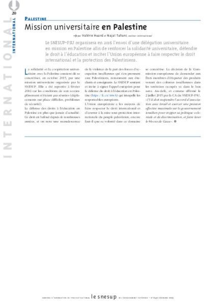 PALESTINE : Mission universitaire en Palestine - Valérie Huard et Najat Talhi - N° 640 DECEMBRE 2015