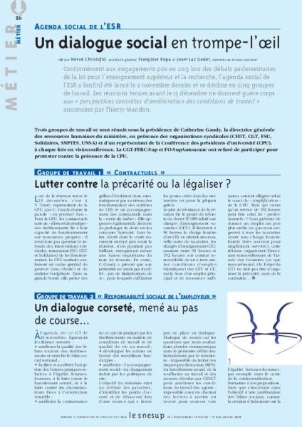 AGENDA SOCIAL DE L’ESR : Un dialogue social en trompe-l’oeil - Hervé Christofol, Françoise Papa et Jean-Luc Godet - N° 641 JANVIER 2016