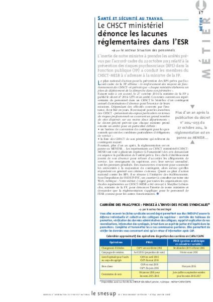 SANTÉ ET SÉCURITÉ AU TRAVAIL : Le CHSCT ministériel dénonce les lacunes réglementaires dans l’ESR - Secteur Situation des personnels - N° 641 JANVIER 2016