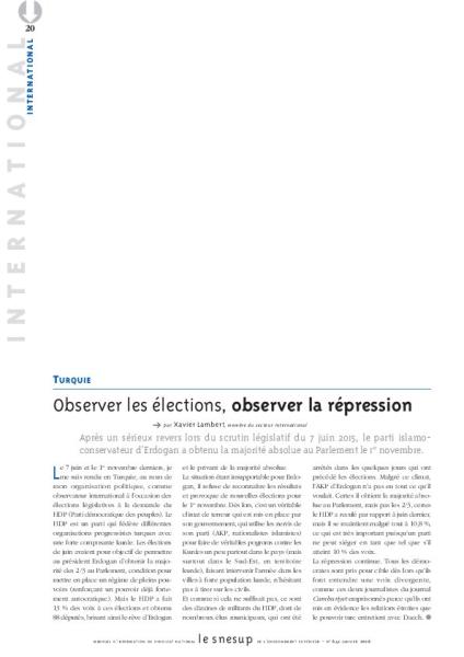 TURQUIE : Observer les élections, observer la répression - Xavier Lambert - N° 641 JANVIER 2016