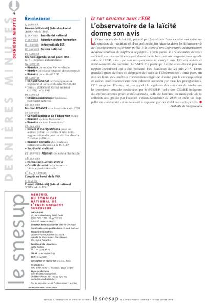 LE FAIT RELIGIEUX DANS L’ESR : L’observatoire de la laïcité donne son avis - Isabelle de Mecquenem - N° 641 JANVIER 2016