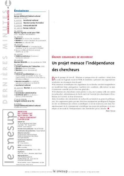 GRANDS ORGANISMES DE RECHERCHE : Un projet menace l’indépendance des chercheurs - Marc Neveu - N° 641 JANVIER 2016