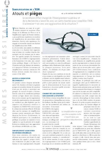 SIMPLIFICATION DE L’ESR : Atouts et pièges - Secteur Recherche - N° 642 FEVRIER 2016