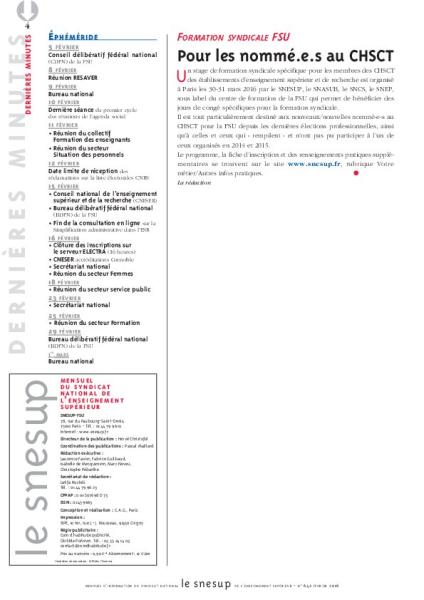 FORMATION SYNDICALE FSU : Pour les nommé.e.s au CHSCT - La rédaction - N° 642 FEVRIER 2016