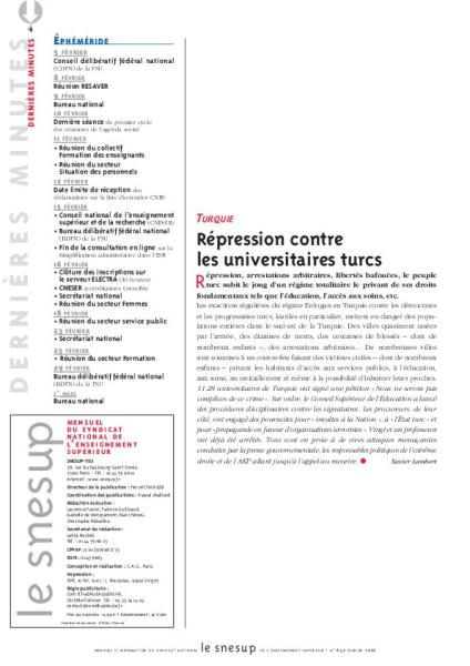 TURQUIE : Répression contre les universitaires turcs - Xavier Lambert - N° 642 FEVRIER 2016