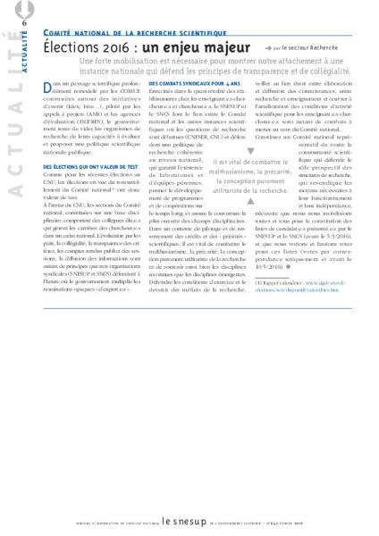 COMITÉ NATIONAL DE LA RECHERCHE SCIENTIFIQUE : Élections 2016 : un enjeu majeur - Secteur Recherche - N° 642 FEVRIER 2016