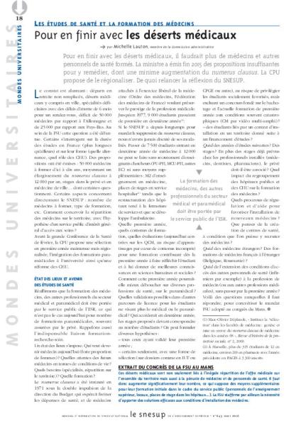 LES ÉTUDES DE SANTÉ ET LA FORMATION DES MÉDECINS : Pour en finir avec les déserts médicaux - Michelle Lauton - N° 643 MARS 2016