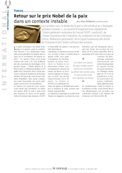 TUNISIE : Retour sur le prix Nobel de la paix dans un contexte instable - Marc Delepouve - N° 643 MARS 2016