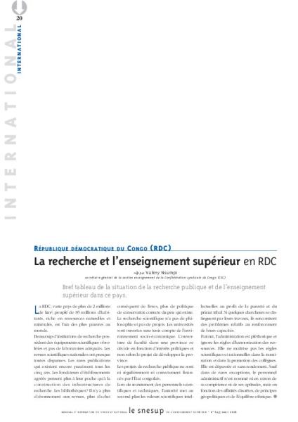 RÉPUBLIQUE DÉMOCRATIQUE DU CONGO (RDC) : La recherche et l’enseignement supérieur en RDC - Valery Nsumpi - N° 643 MARS 2016