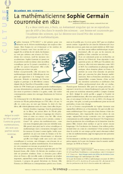 ACADÉMIE DES SCIENCES:  La mathématicienne Sophie Germain couronnée en 1821 - Hélène Gispert - N° 644 AVRIL 2016