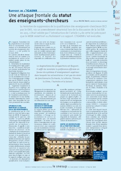 RAPPORT DE L’IGAENR : Une attaque frontale du statut des enseignants-chercheurs - Michel Maric - N° 645 MAI 2016