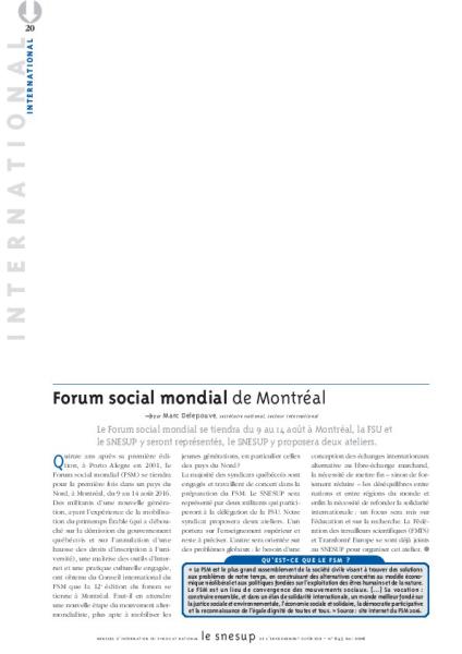 Forum social mondial de Montréal - Marc Delepouve - N° 645 MAI 2016
