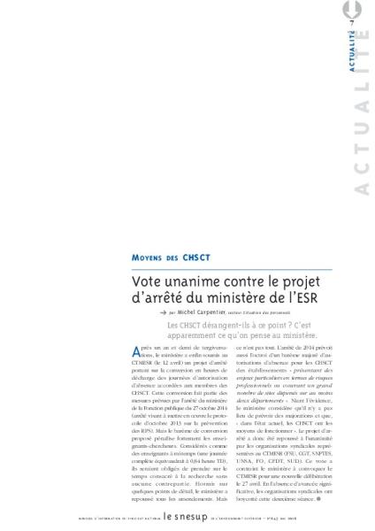 MOYENS DES CHSCT : Vote unanime contre le projet d’arrêté du ministère de l’ESR - Michel Carpentier - N° 645 MAI 2016