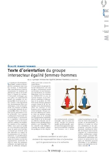 ÉGALITÉ FEMMES-HOMMES : Texte d’orientation du groupe intersecteur égalité femmes-hommes - Groupe intersecteur égalité femmes-hommes - N° 646 JUIN 2016