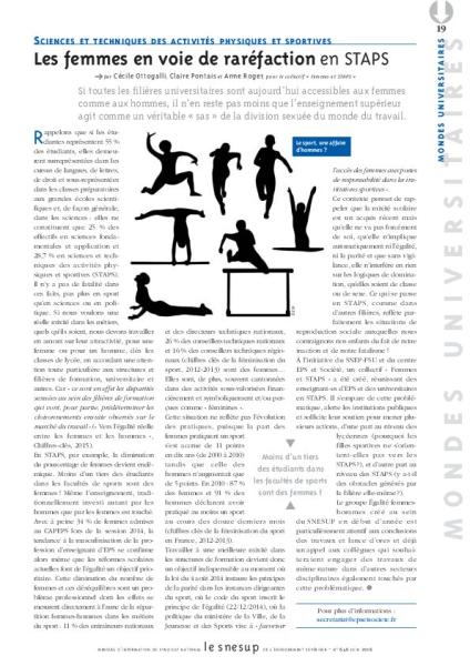 SCIENCES ET TECHNIQUES DES ACTIVITÉS PHYSIQUES ET SPORTIVES : Les femmes en voie de raréfaction en STAPS - Cécile Ottogalli, Claire Pontais et Anne Roger - N° 646 JUIN 2016