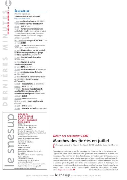 DROIT DES PERSONNES LGBT : Marches des fiertés en juillet - Gérard Lauton - N° 646 JUIN 2016
