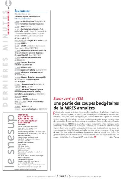 BUDGET 2016 DE L’ESR : Une partie des coupes budgétaires de la MIRES annulées - Marc Neveu - N° 646 SEPTEMBRE 2016