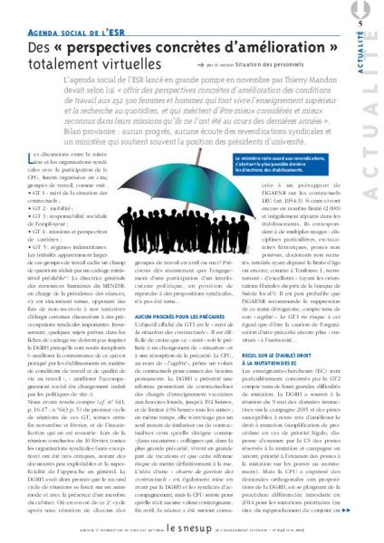 AGENDA SOCIAL DE L’ESR : Des « perspectives concrètes d’amélioration » totalement virtuelles - Secteur Situation des personnels - N° 646 JUIN 2016