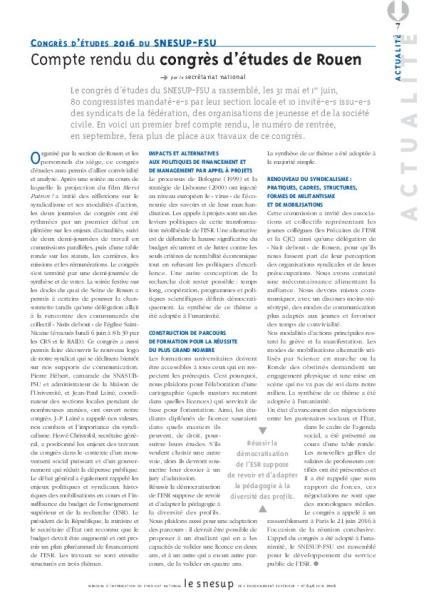 CONGRÈS D’ÉTUDES 2016 DU SNESUP-FSU : Compte rendu du congrès d’études de Rouen - N° 646 JUIN 2016