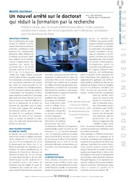 ARRÊTÉ DOCTORAT : Un nouvel arrêté sur le doctorat qui réduit la formation par la rechercheUn nouvel arrêté sur le doctorat qui réduit la formation par la recherche - Secteurs Recherche et Formation - N° 647 SEPTEMBRE 2016