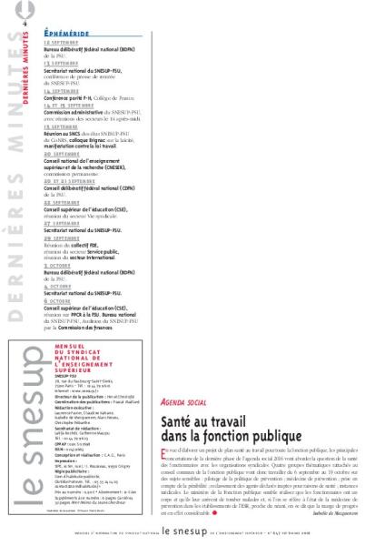 AGENDA SOCIAL:  Santé au travail  dans la fonction publique - Isabelle de Mecquenem - N° 647 SEPTEMBRE 2016