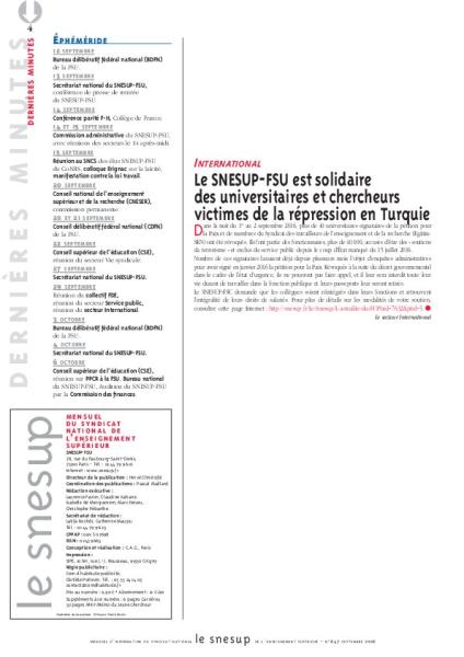 INTERNATIONAL : Le SNESUP-FSU est solidaire  des universitaires et chercheurs victimes de la répression en Turquie - Secteur International - N° 647 SEPTEMBRE 2016