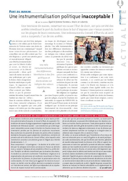 PORT DU BURKINI : Une instrumentalisation politique inacceptable ! - Secteurs égalité femme-homme et Droits et libertés - N° 647 SEPTEMBRE 2016