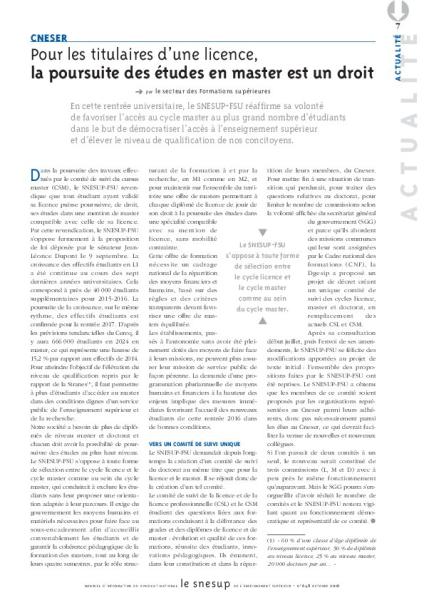 CNESER : Pour les titulaires d’une licence, la poursuite des études en master est un droit - Secteur des Formations supérieures - N° 648 OCTOBRE 2016