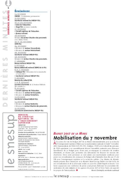 BUDGET 2017 DE LA MIRES : Mobilisation du 7 novembre - Hervé Christofol - N° 649 NOVEMBRE 2016