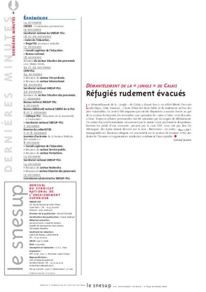 DÉMANTÈLEMENT DE LA « JUNGLE » DE CALAIS Réfugiés rudement évacués - Gérard Lauton - N° 649 NOVEMBRE 2016