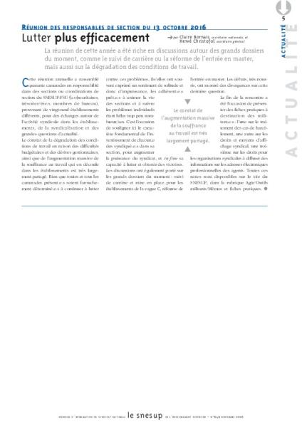 RÉUNION DES RESPONSABLES DE SECTION DU 13 OCTOBRE 2016 : Lutter plus efficacement - Hervé Christofol et Claire Bornais - N° 649 NOVEMBRE 2016