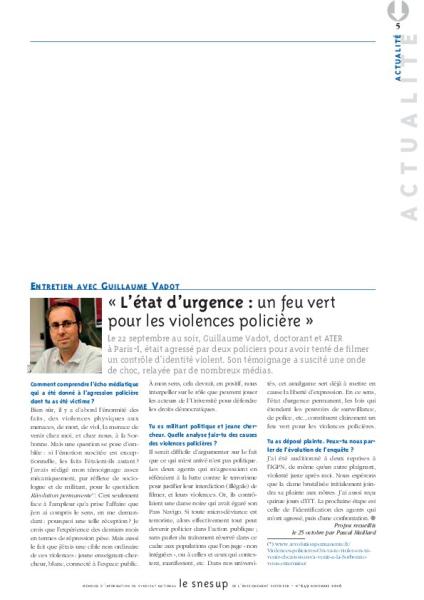 ENTRETIEN AVEC GUILLAUME VADOT : « L’état d’urgence : un feu vert  pour les violences policières » - Pascal Maillard - N° 649 NOVEMBRE 2016
