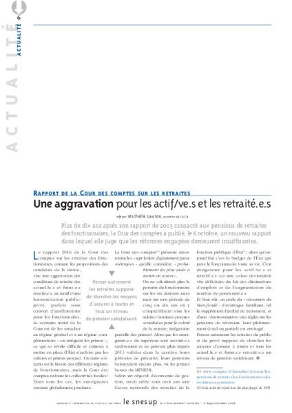 RAPPORT DE LA COUR DES COMPTES SUR LES RETRAITES : Une aggravation pour les actif/ve.s et les retraité.e.s - Michelle Lauton - N° 649 NOVEMBRE 2016