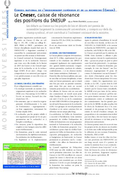 Le CNESER, caisse de résonance des positions du SNESUP-FSU - Par Pierre Chantelot - Article paru dans le mensuel n° 674, avril 2019